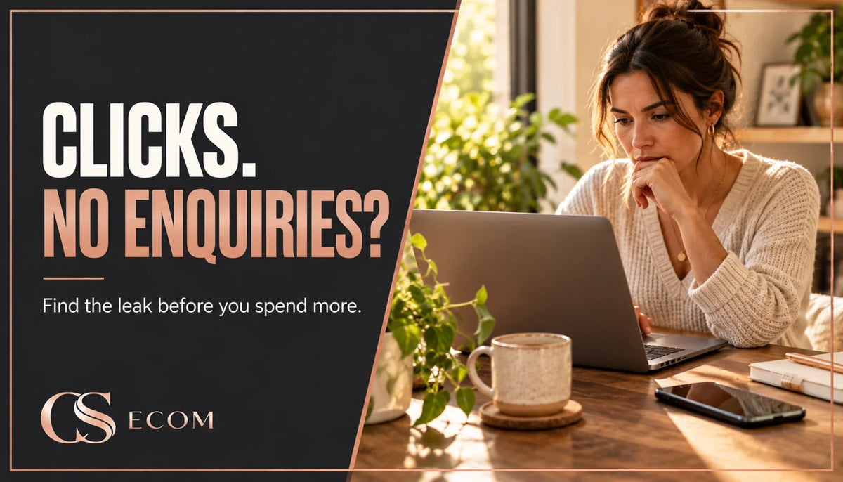 CS Ecom guide: Clicks. No enquiries? Business owner reviewing a laptop beside a phone.