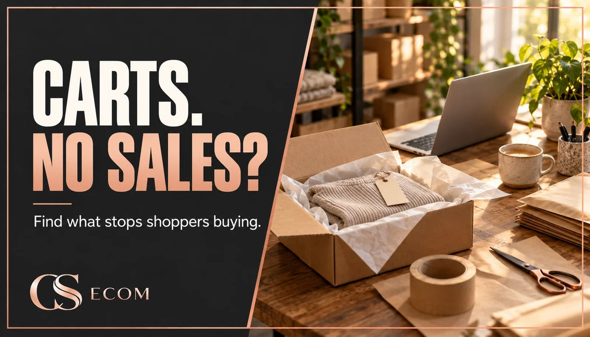 CS Ecom guide: Carts. No sales? Ecommerce packing desk with a parcel and laptop.